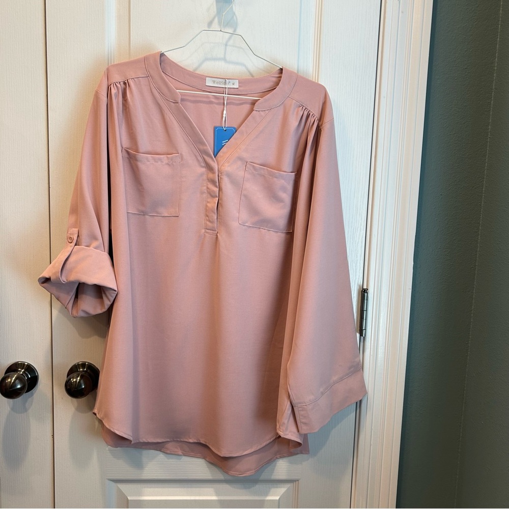 WellSize Women’s Dusty Pink Roll Sleeve Snap V-Neck Pocket Front Size XL NWT